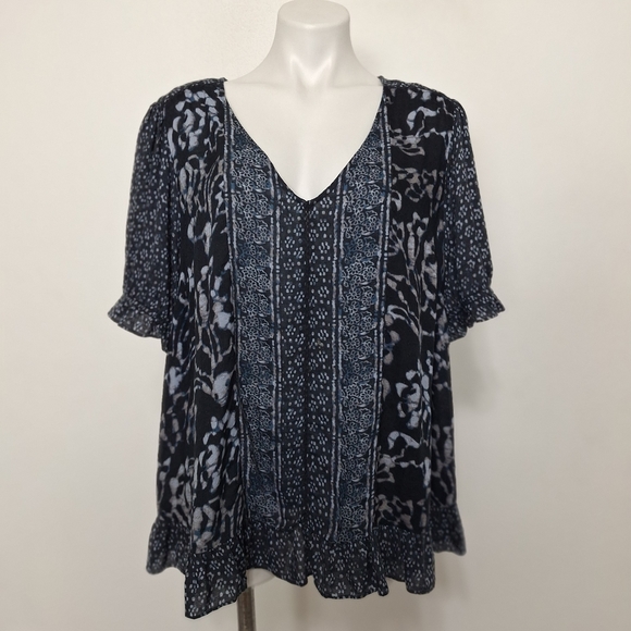 Lucky Brand Boho Floral Mixed Print Bohemian Hippie Retro Blouse Plus Size 2X - Picture 2 of 14